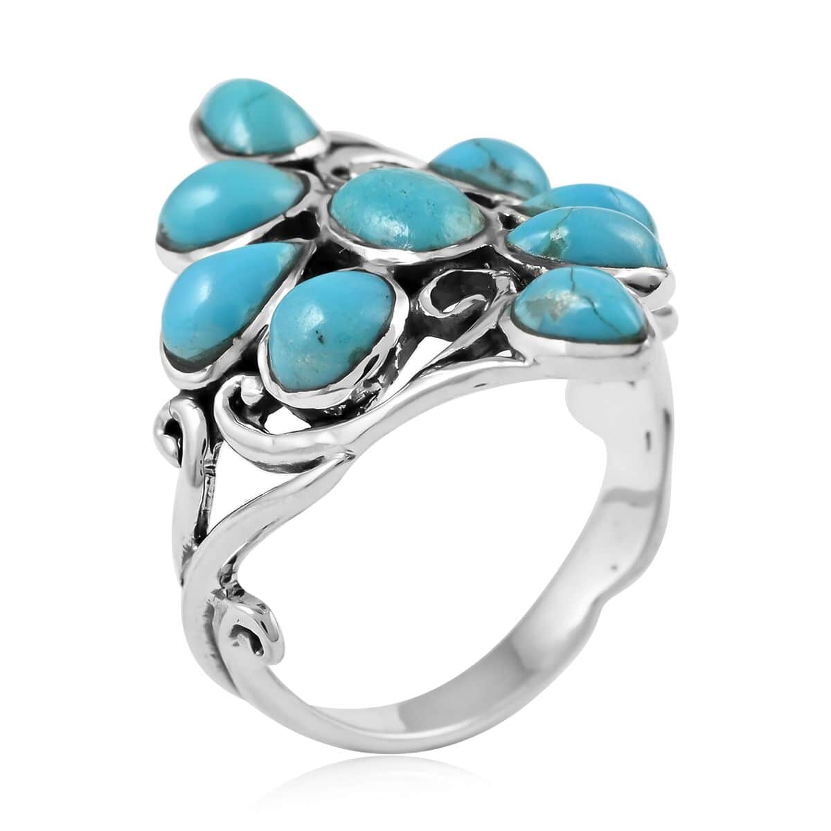 SANTA FE Style Kingman Turquoise Floral Ring in Sterling Silver 2.35 ctw image number 3