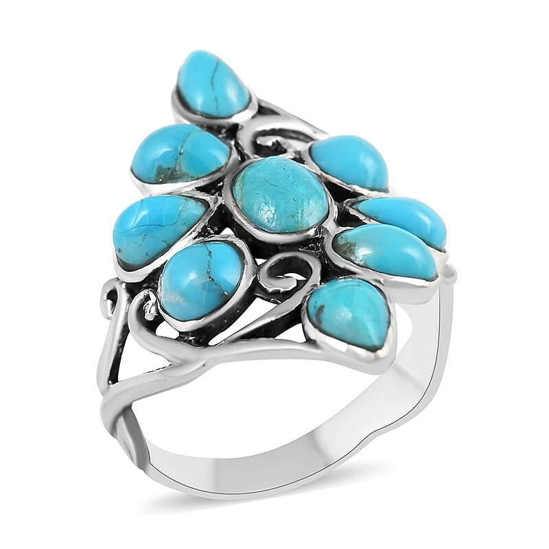 Santa Fe Style Kingman Turquoise Floral Ring in Sterling Silver (Size 7.0) 2.35 ctw