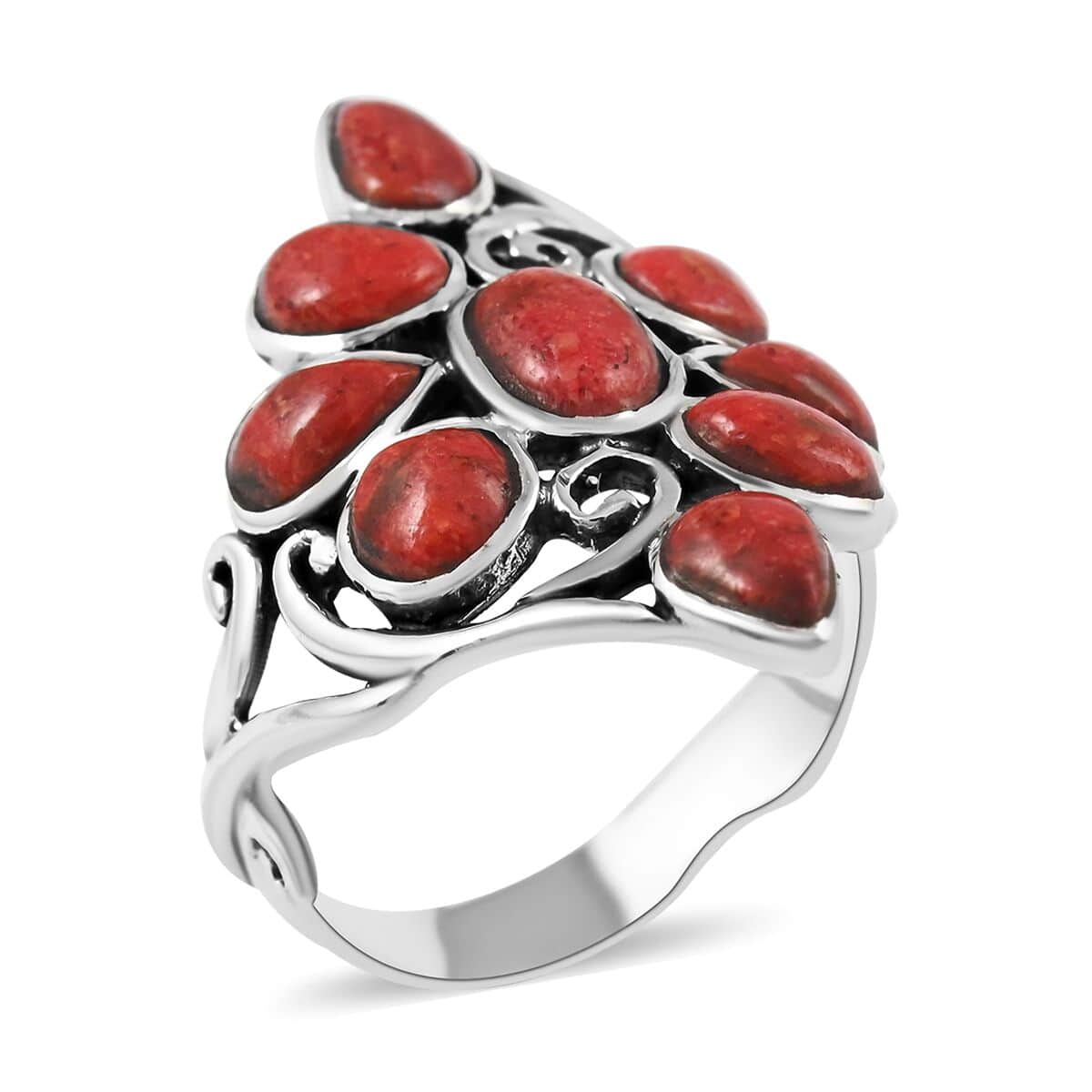 Santa Fe Style Plum Coral Floral Ring in Sterling Silver (Size 10.0) 2.35 ctw image number 0