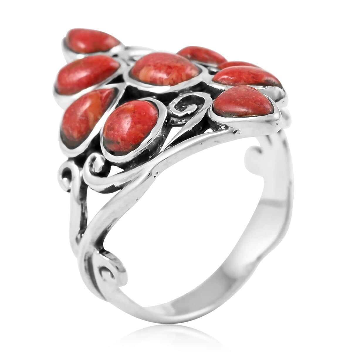Santa Fe Style Plum Coral Floral Ring in Sterling Silver (Size 10.0) 2.35 ctw image number 3