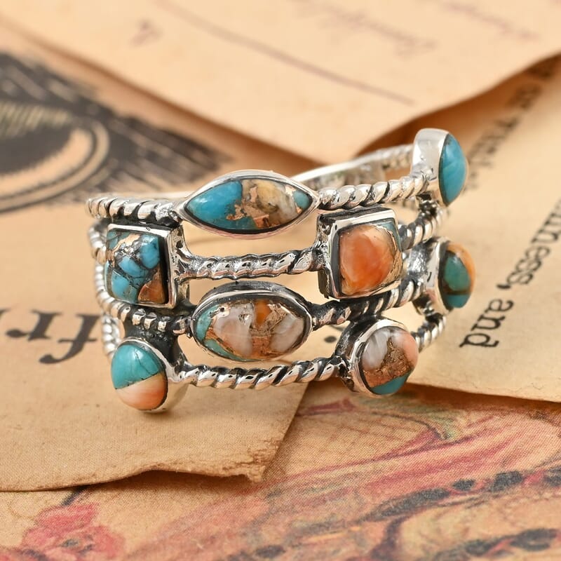 Santa Fe Style Spiny Turquoise Ring in Sterling Silver (Size 6.0) 2.10 ctw