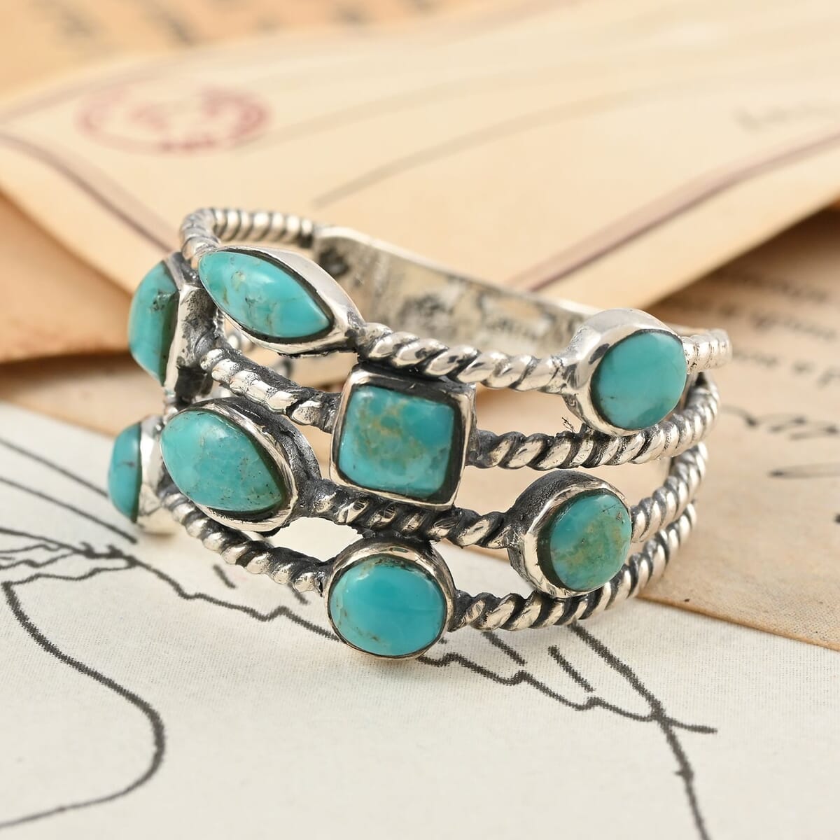 Santa Fe Style Kingman Turquoise Ring in Sterling Silver (Size 10.0) 2.10 ctw image number 1