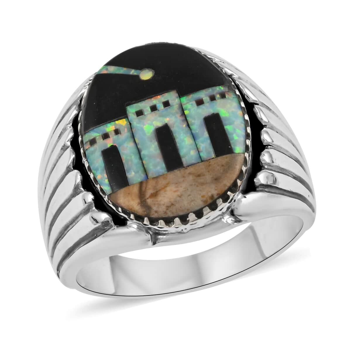 SANTA FE Style Black Onyx and Lab Created Opal Men's Ring in Sterling Silver 3.75 ctw image number 0