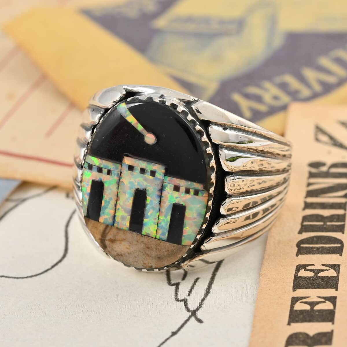 SANTA FE Style Black Onyx and Lab Created Opal Men's Ring in Sterling Silver 3.75 ctw image number 1