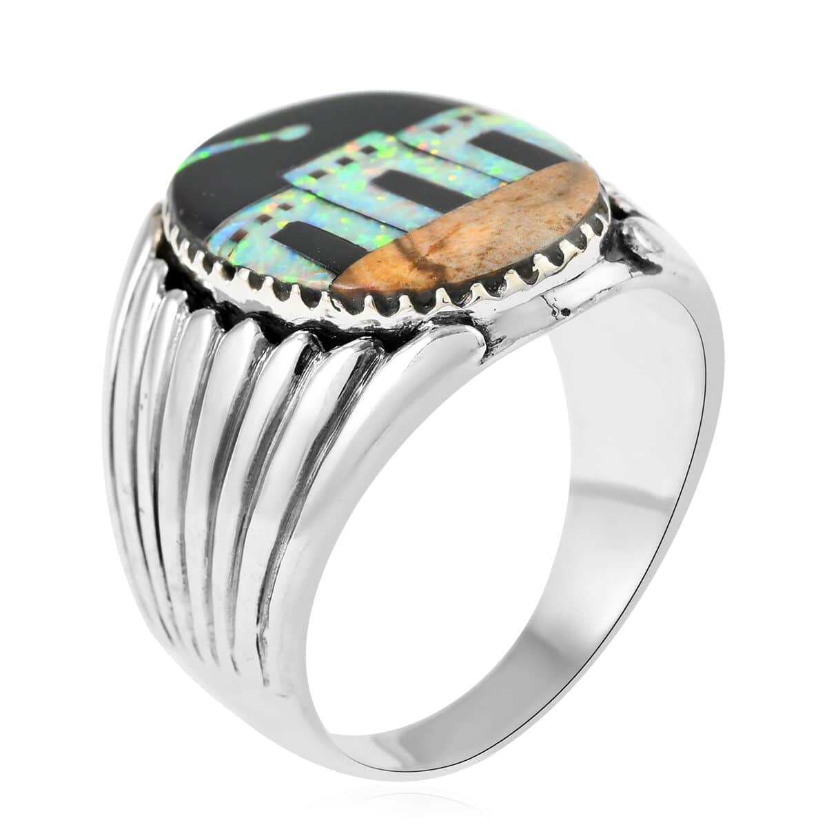 SANTA FE Style Black Onyx and Lab Created Opal Men's Ring in Sterling Silver 3.75 ctw image number 3