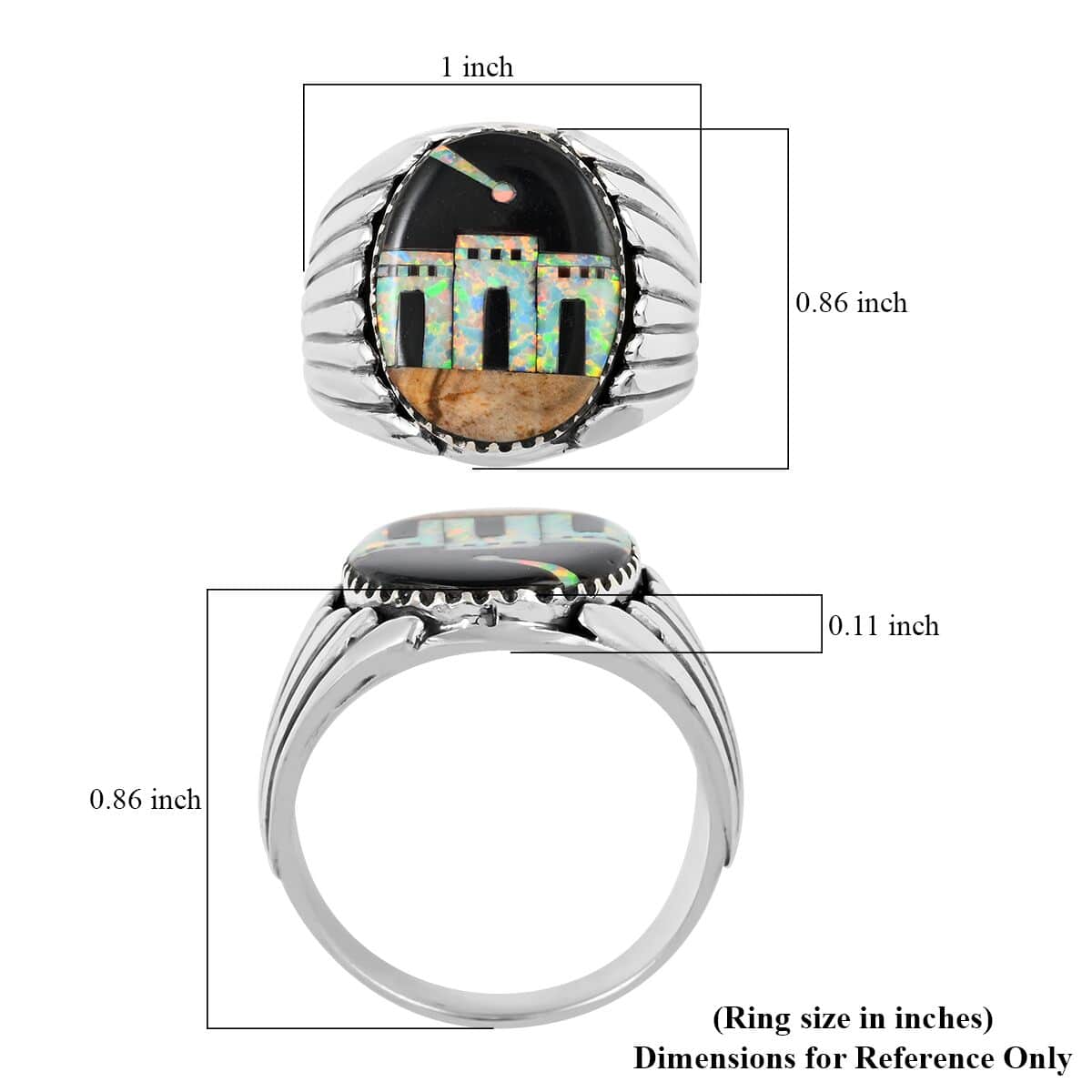 SANTA FE Style Black Onyx and Lab Created Opal Men's Ring in Sterling Silver 3.75 ctw image number 4