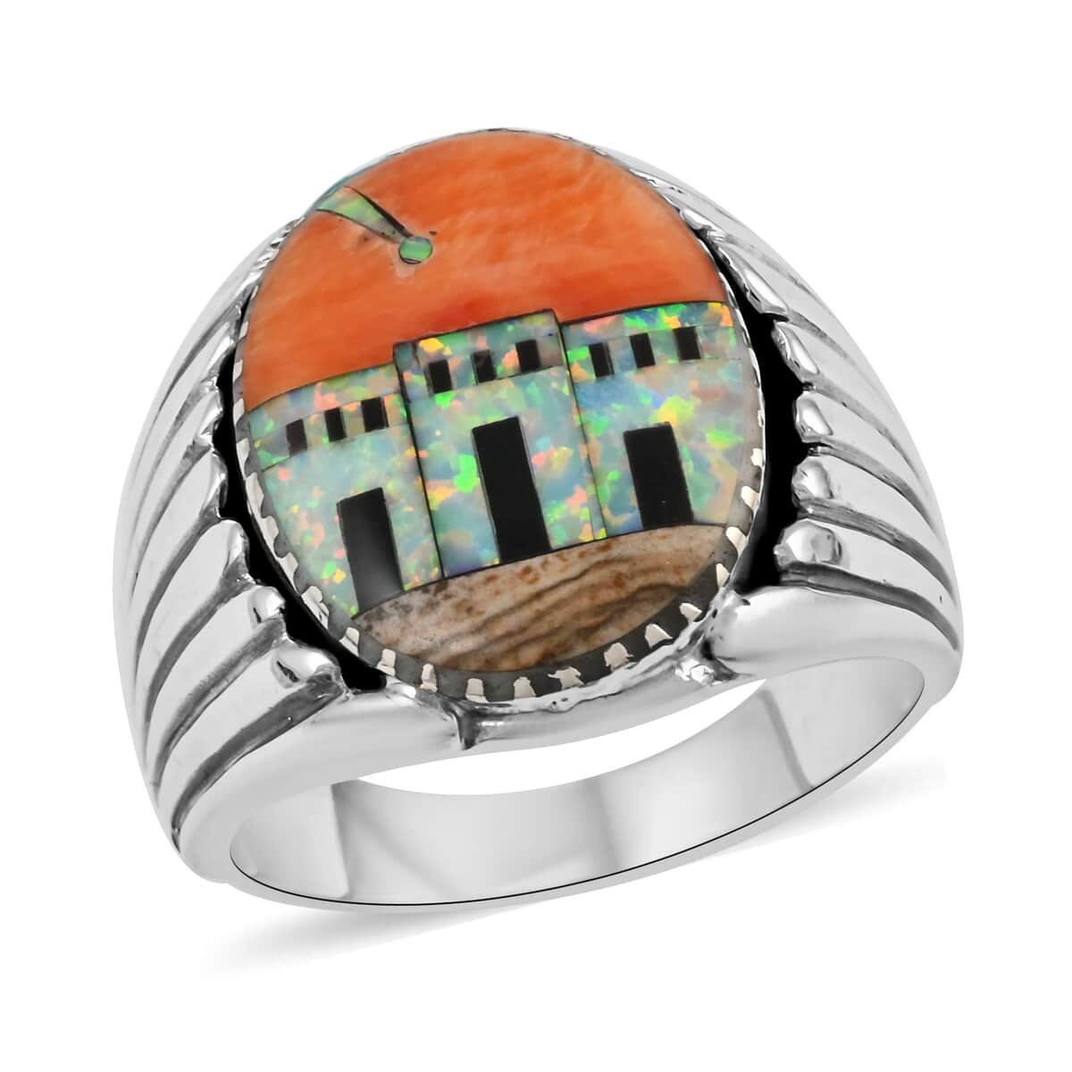 SANTA FE Style Orange Spiny Oyster Shell and Lab Created Opal Men's Ring in Sterling Silver (Size 10.0) image number 0