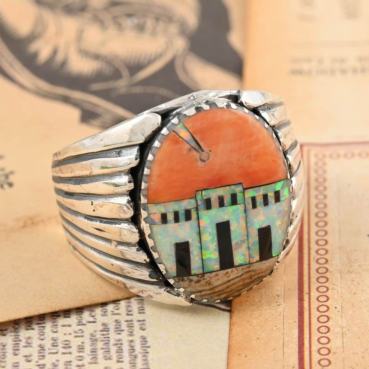 SANTA FE Style Orange Spiny Oyster Shell and Lab Created Opal Men's Ring in Sterling Silver (Size 10.0) image number 1