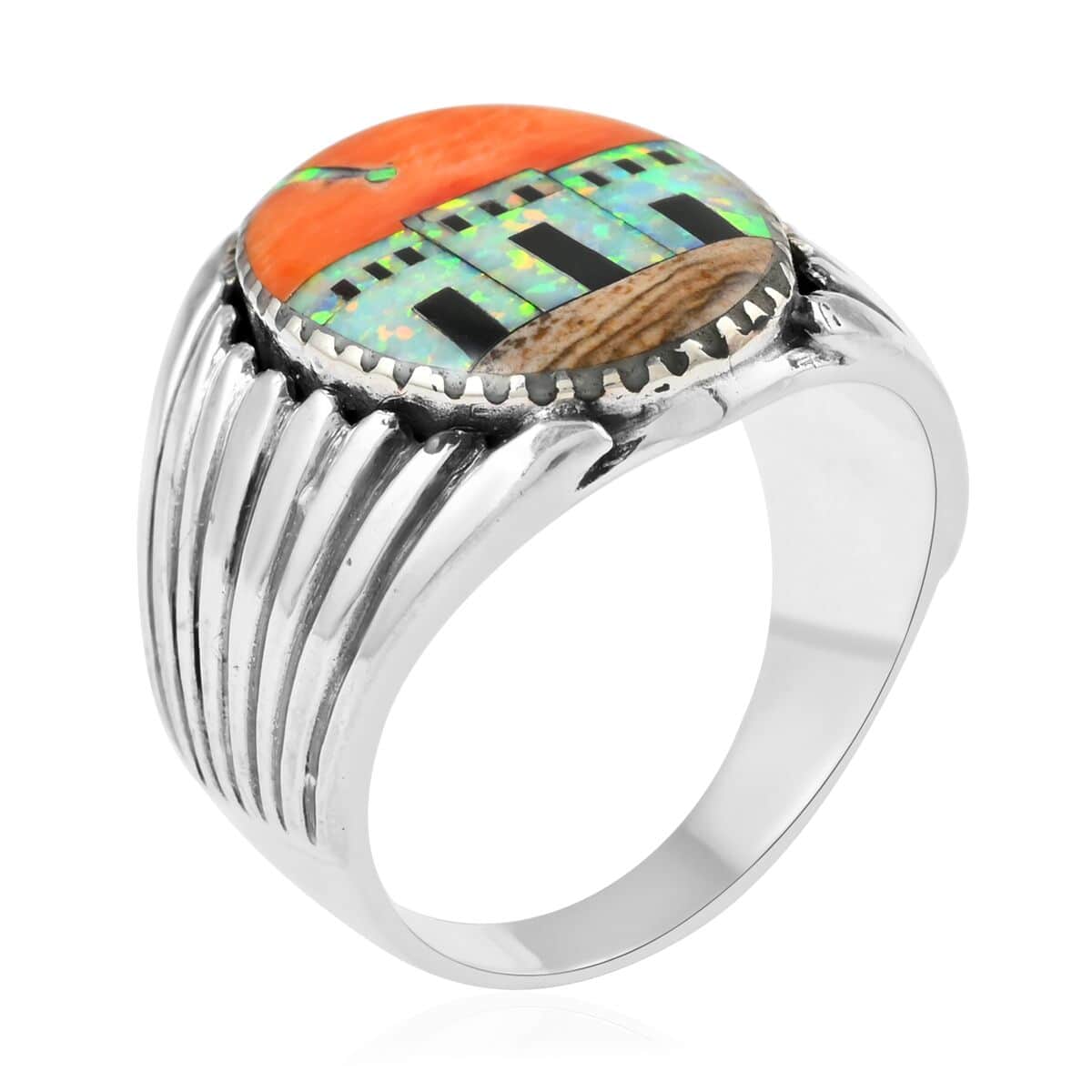 SANTA FE Style Orange Spiny Oyster Shell and Lab Created Opal Men's Ring in Sterling Silver (Size 10.0) image number 3