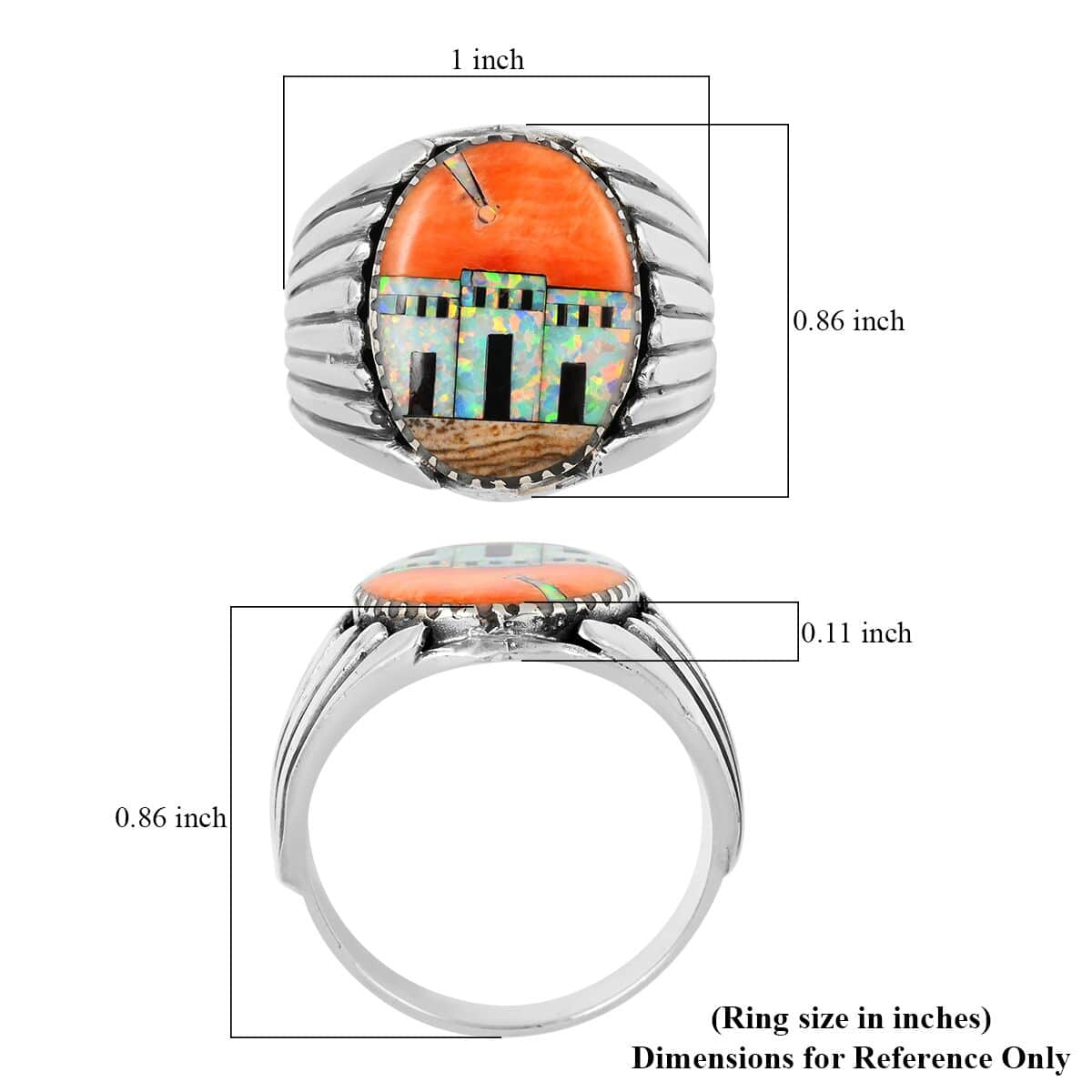 SANTA FE Style Orange Spiny Oyster Shell and Lab Created Opal Men's Ring in Sterling Silver (Size 10.0) image number 4