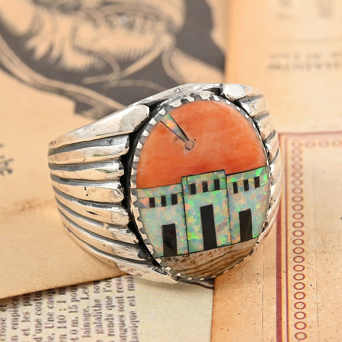 Santa Fe Style Orange Spiny Oyster Shell and Lab Created Opal Men's Ring in Sterling Silver (Size 12.0) image number 1