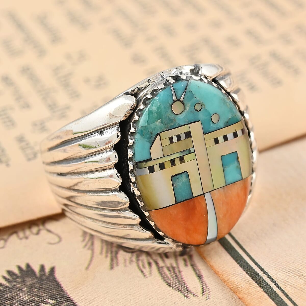 Santa Fe Style Kingman Turquoise and Lab Created Opal Men's Ring in Sterling Silver (Size 13.0) 3.75 ctw image number 1