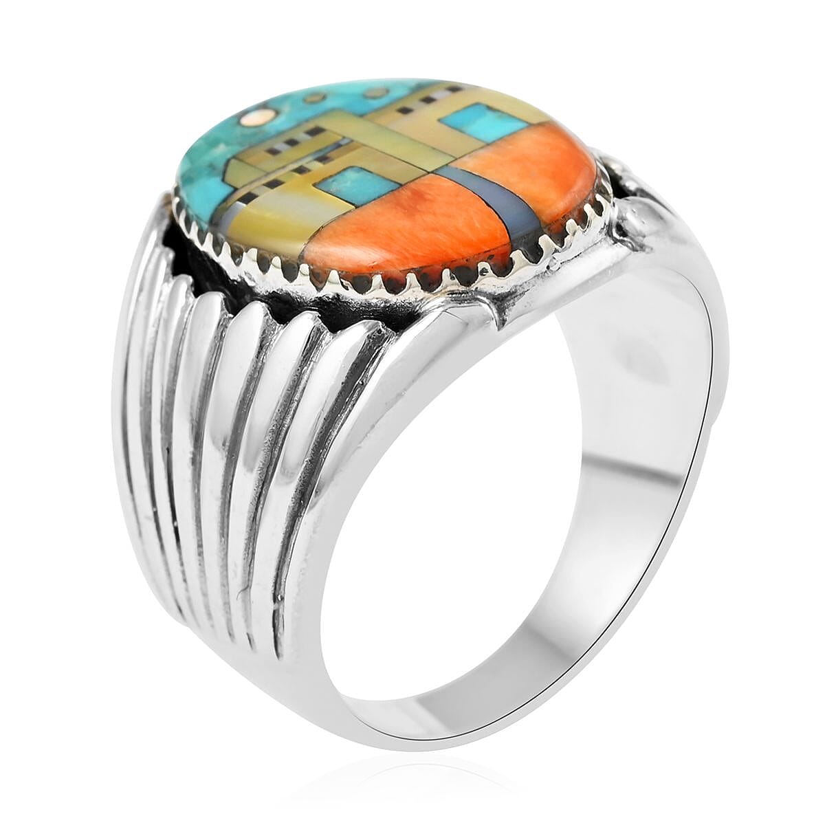 Santa Fe Style Kingman Turquoise and Lab Created Opal Men's Ring in Sterling Silver (Size 13.0) 3.75 ctw image number 3