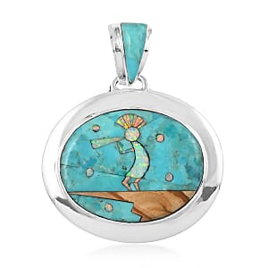 Santa Fe Style Kingman Turquoise and Lab Created Opal Kokopelli Pendant in Sterling Silver 4.25 ctw