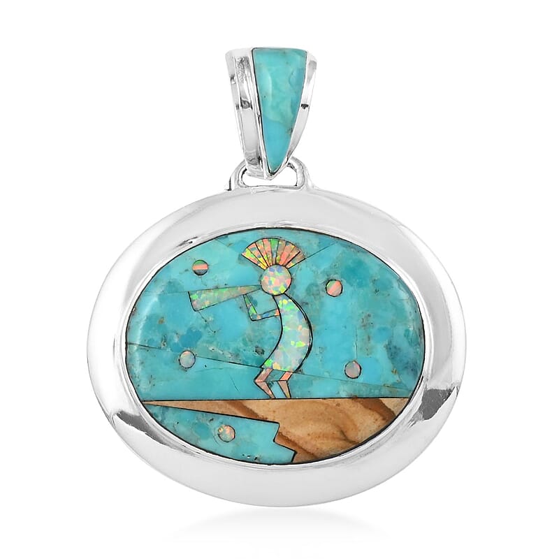 Santa Fe Style Kingman Turquoise and Lab Created Opal Kokopelli Pendant in Sterling Silver 4.25 ctw