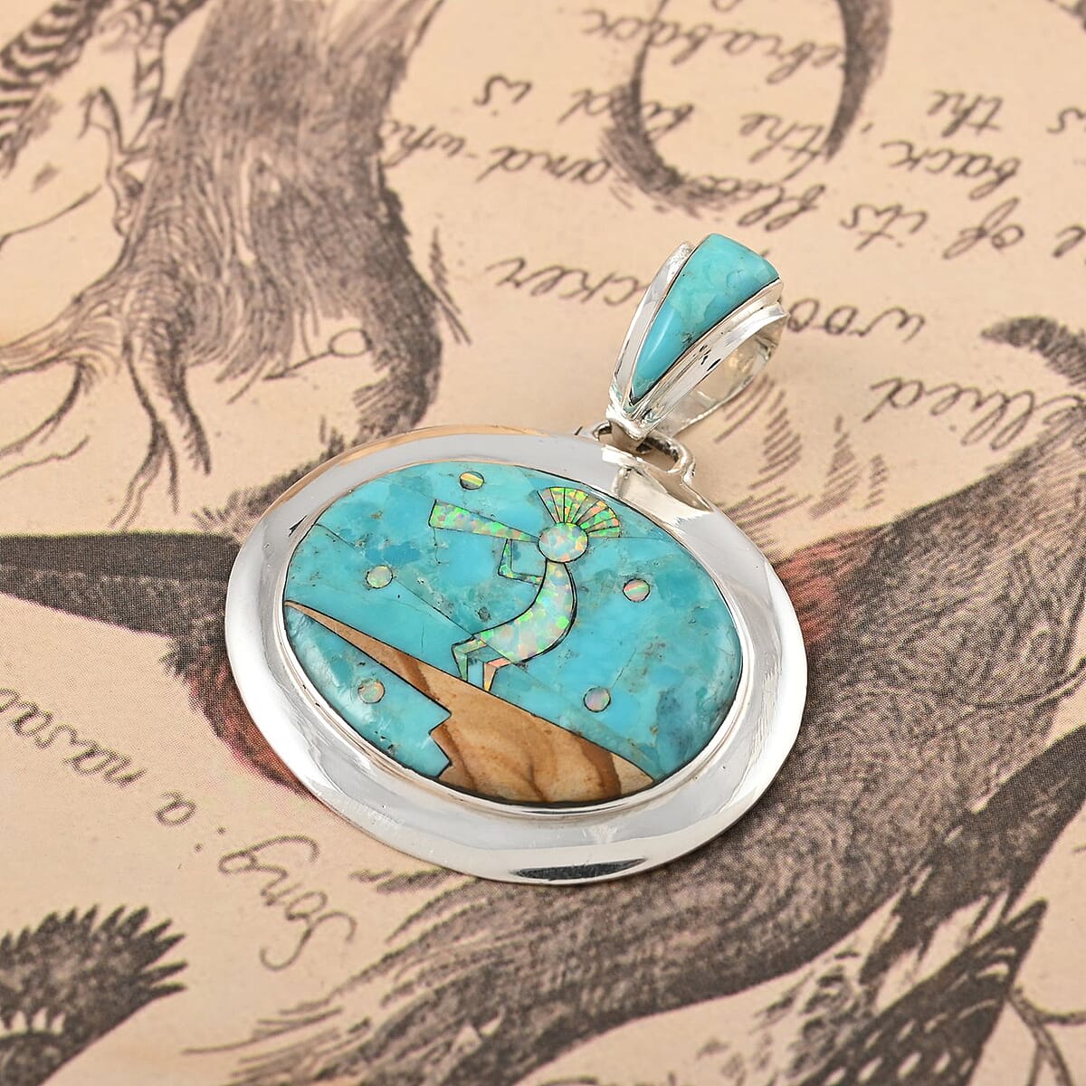 SANTA FE Style Kingman Turquoise and Lab Created Opal Kokopelli Pendant in Sterling Silver 4.25 ctw image number 1