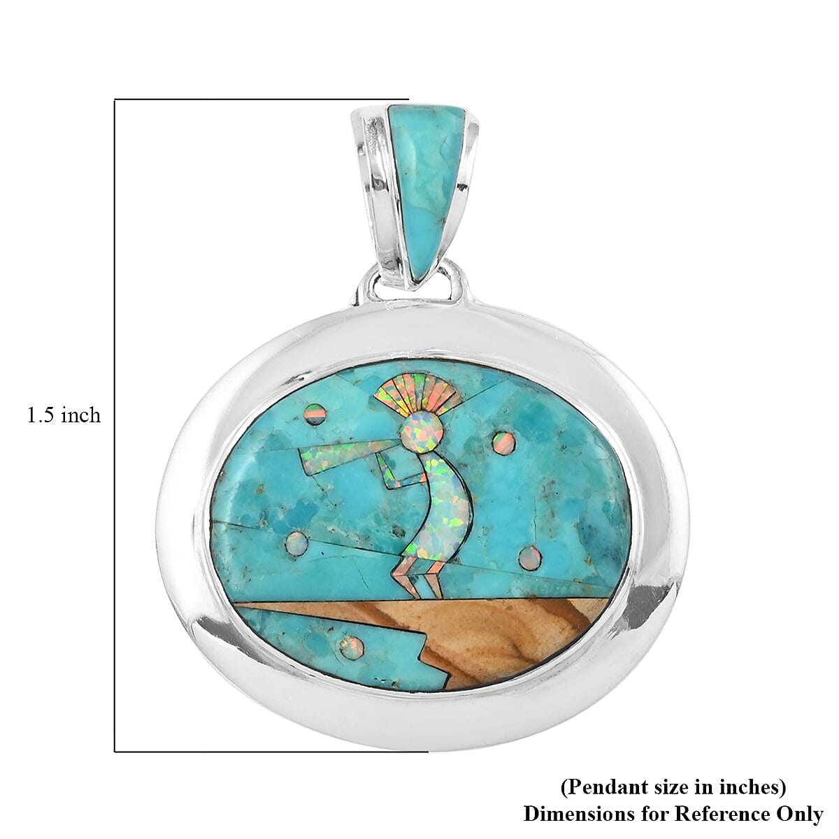 SANTA FE Style Kingman Turquoise and Lab Created Opal Kokopelli Pendant in Sterling Silver 4.25 ctw image number 4