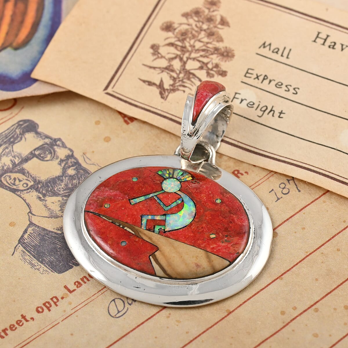 Santa Fe Style Plum Coral and Lab Created Opal Kokopelli Pendant in Sterling Silver 4.25 ctw image number 1
