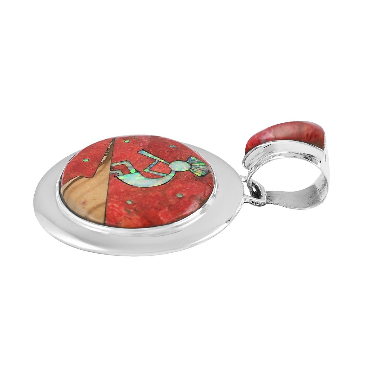Santa Fe Style Plum Coral and Lab Created Opal Kokopelli Pendant in Sterling Silver 4.25 ctw image number 3