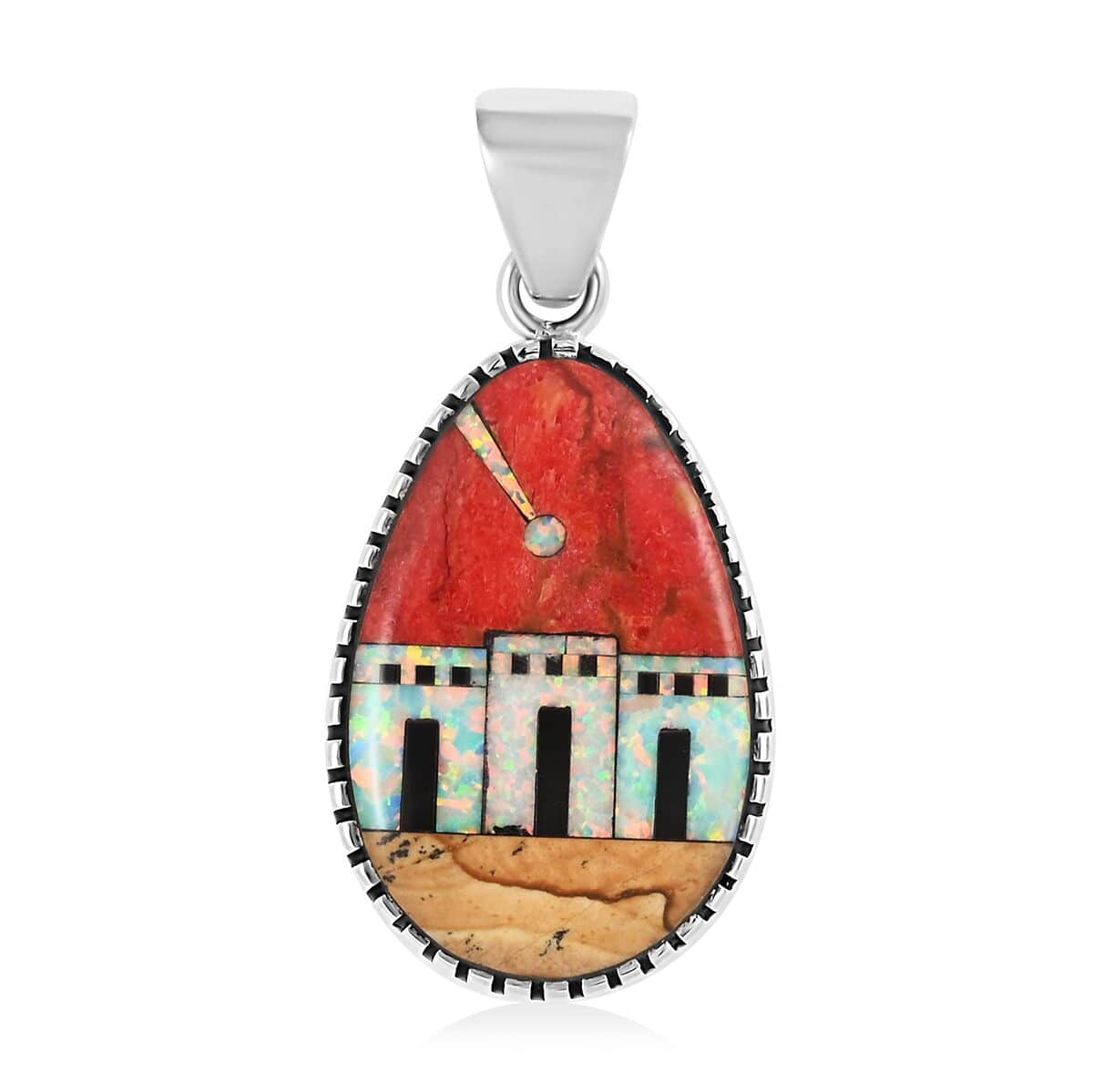 SANTA FE Style Plum Coral and Lab Created Opal Pueblo House Pendant in Sterling Silver 4.10 ctw image number 0