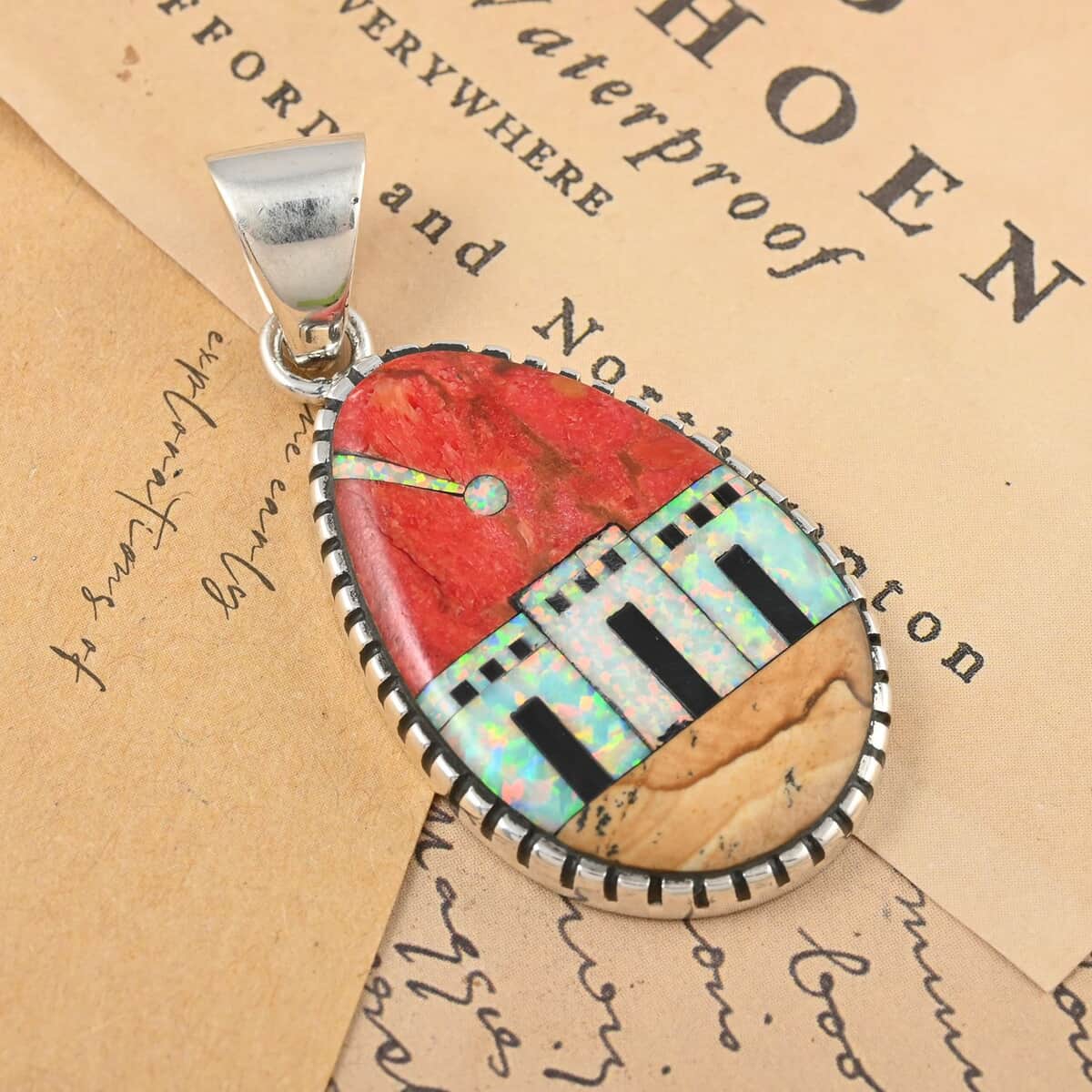 SANTA FE Style Plum Coral and Lab Created Opal Pueblo House Pendant in Sterling Silver 4.10 ctw image number 1