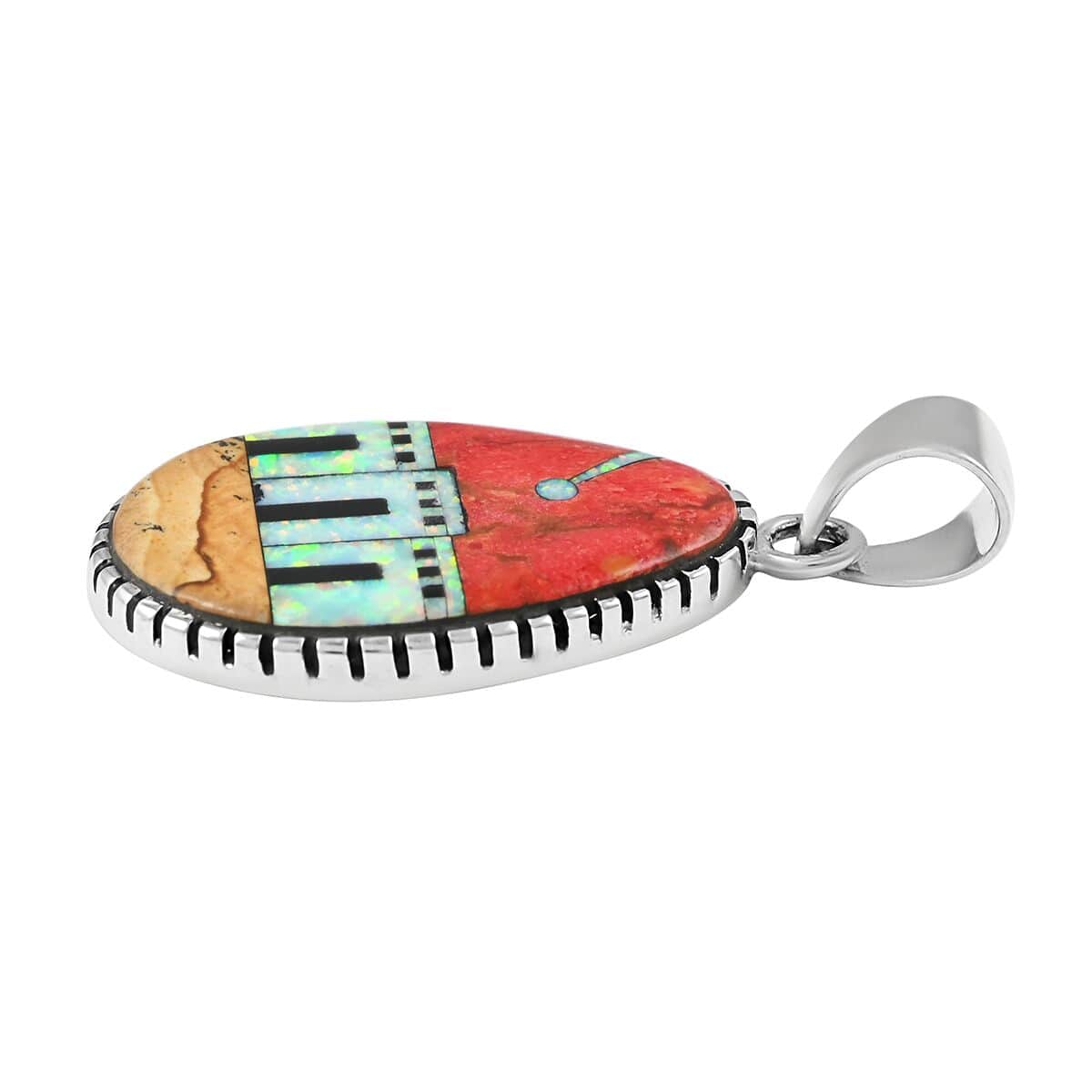 SANTA FE Style Plum Coral and Lab Created Opal Pueblo House Pendant in Sterling Silver 4.10 ctw image number 3