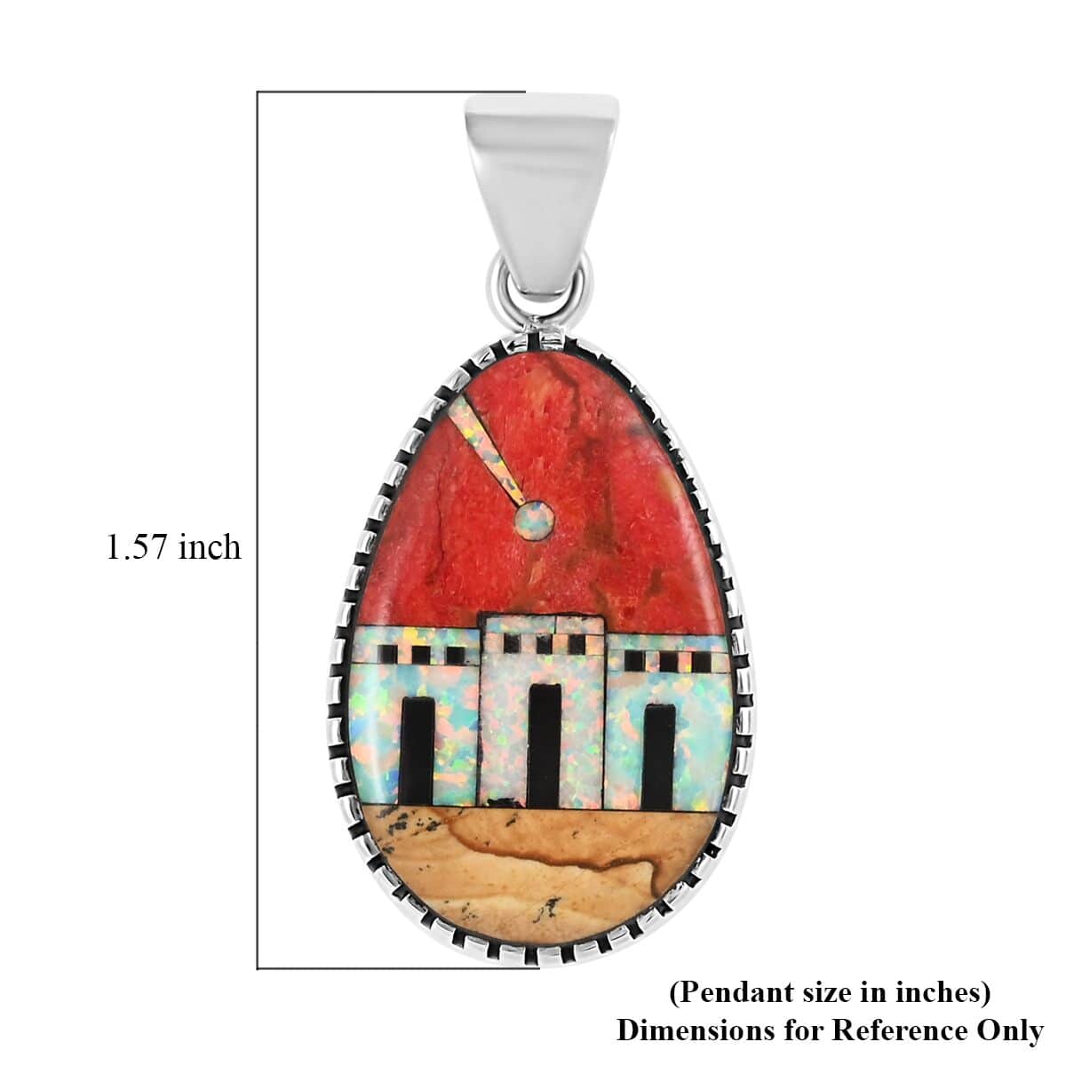 SANTA FE Style Plum Coral and Lab Created Opal Pueblo House Pendant in Sterling Silver 4.10 ctw image number 4