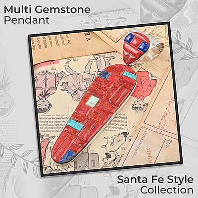 Santa Fe Style Plum Coral and Multi Gemstone Pueblo House Pendant in Sterling Silver, Sterling Silver Pendant, Coral Pendant, Multi Gemstone Pendant 21.25 ctw