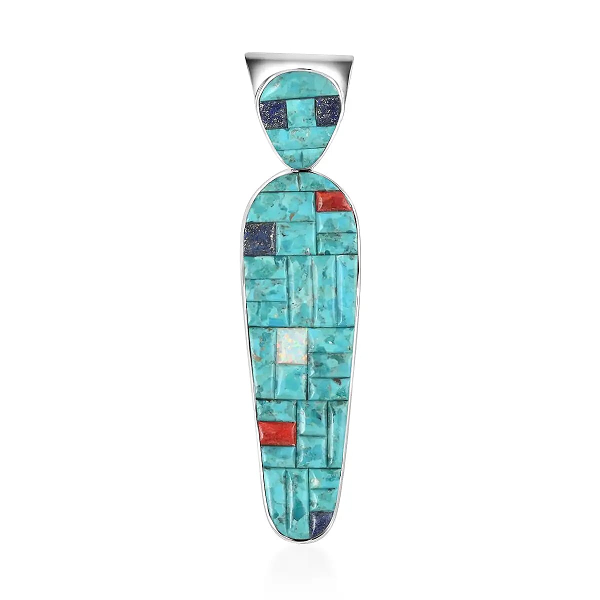 Santa Fe Style Kingman Turquoise and Multi Gemstone Pueblo House Pendant in Sterling Silver, Sterling Silver Pendant, Turquoise Pendant, Multi Gemstone Pendant 21.25 ctw image number 0