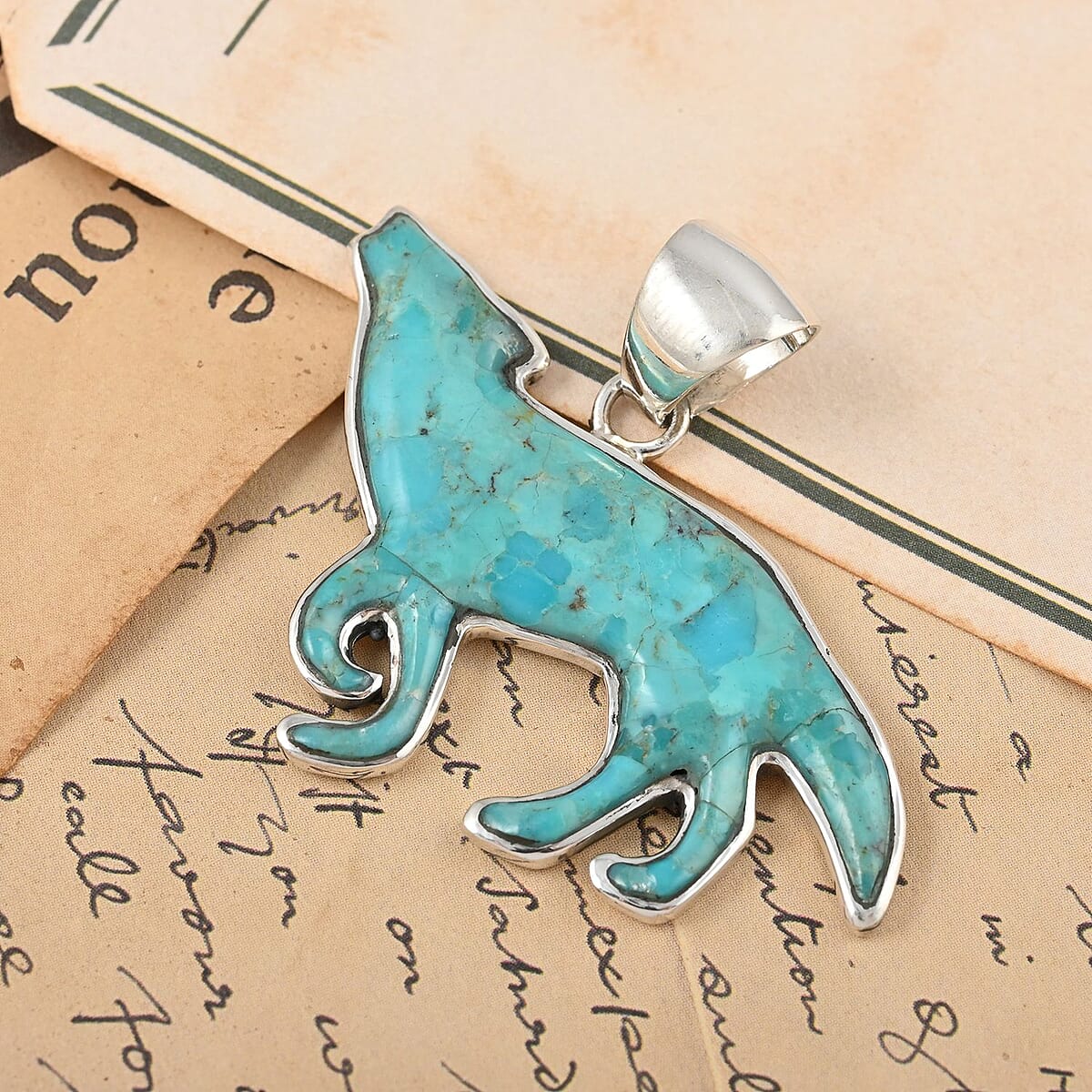 Santa Fe Style Kingman Turquoise Wolf Pendant in Sterling Silver 5.75 ctw image number 1
