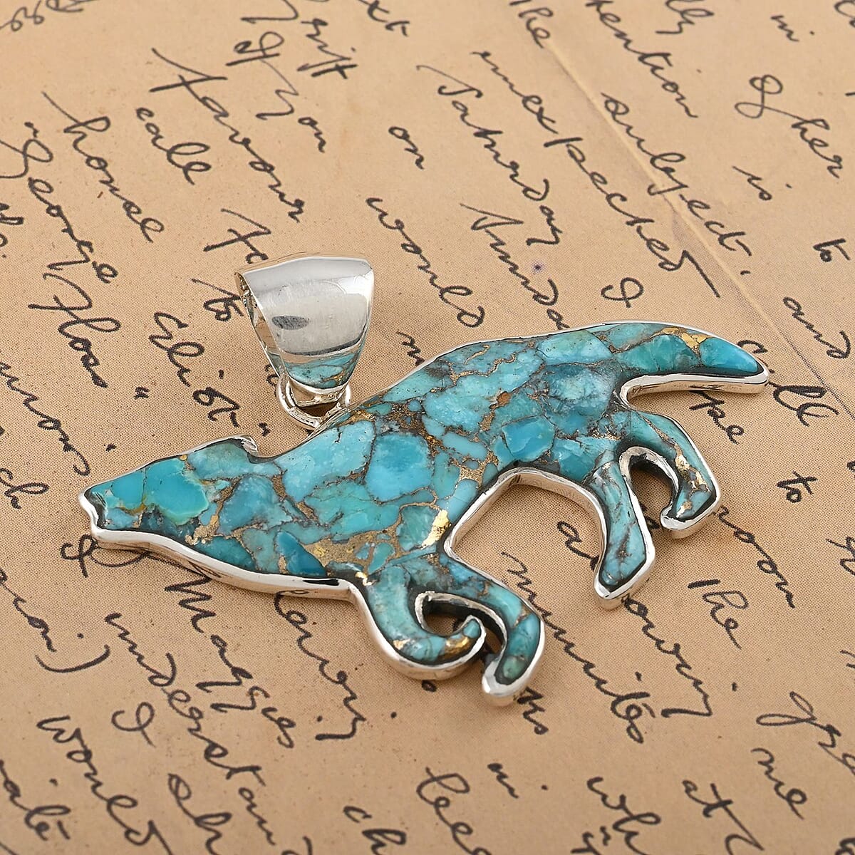 Santa Fe Style Mojave Turquoise Wolf Pendant in Sterling Silver 5.75 ctw image number 1