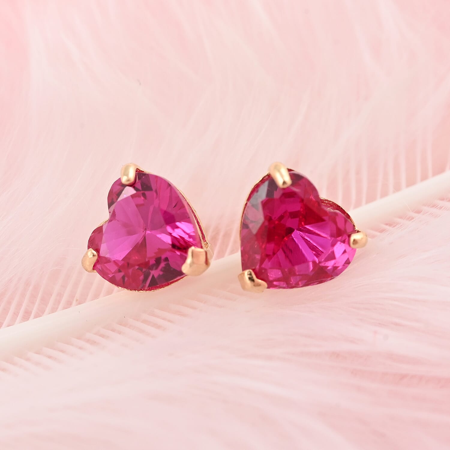 14K Yellow Gold Lab Created Ruby Heart Stud Earrings 1.00 ctw