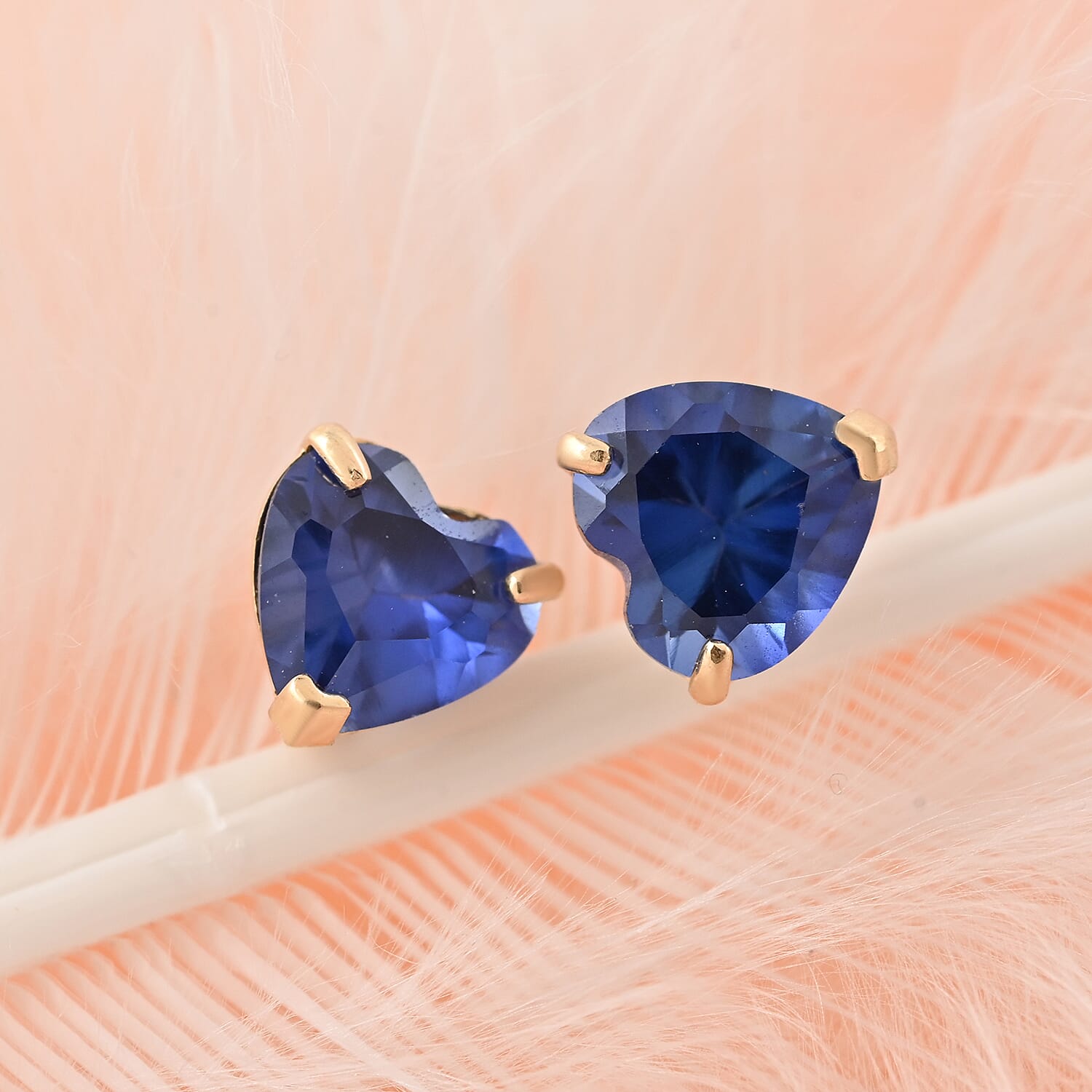 14K Yellow Gold Lab Created Blue Sapphire Heart Stud Earrings 0.60 ctw