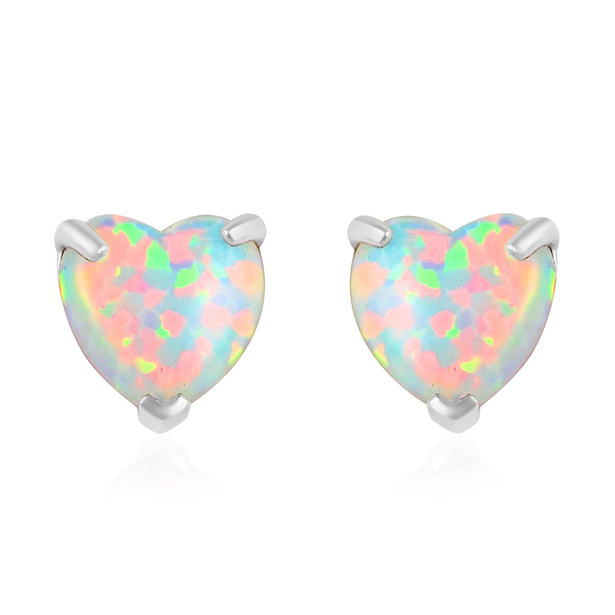 14K White Gold Lab Created Opal Heart Stud Earrings 0.20 ctw