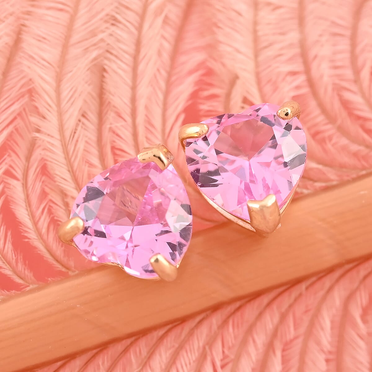 14K Yellow Gold Lab Created Pink Sapphire Heart Stud Earrings 0.60 ctw image number 1