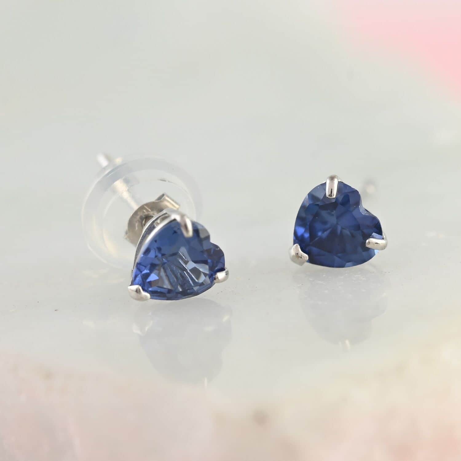 Buy 14K White Gold Lab Created Blue Sapphire Heart Stud Earrings