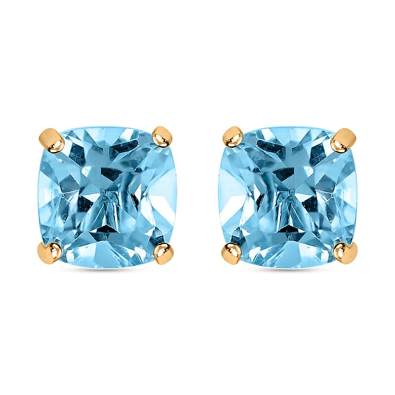 14K Yellow Gold Sky Blue Topaz Cushion Stud Earrings 1.70 ctw