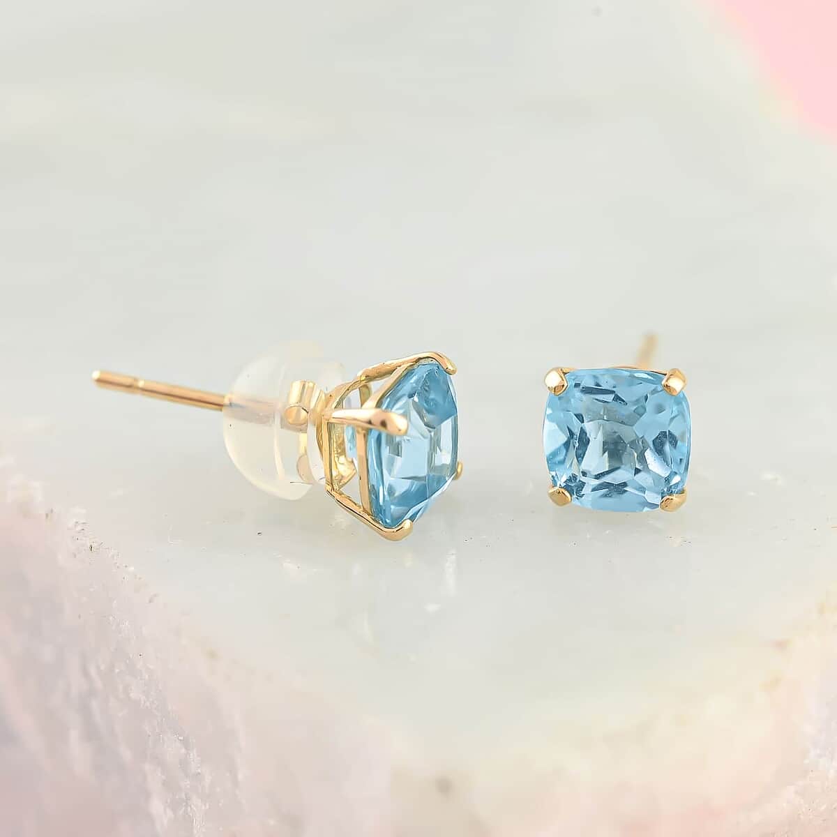 14K Yellow Gold Sky Blue Topaz Stud Earrings with Silicone Back 1.70 ctw image number 1