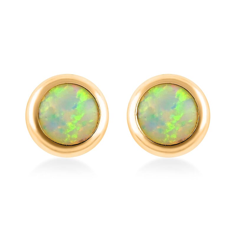 14K Yellow Gold Lab Created Opal Round Stud Earrings 0.20 ctw