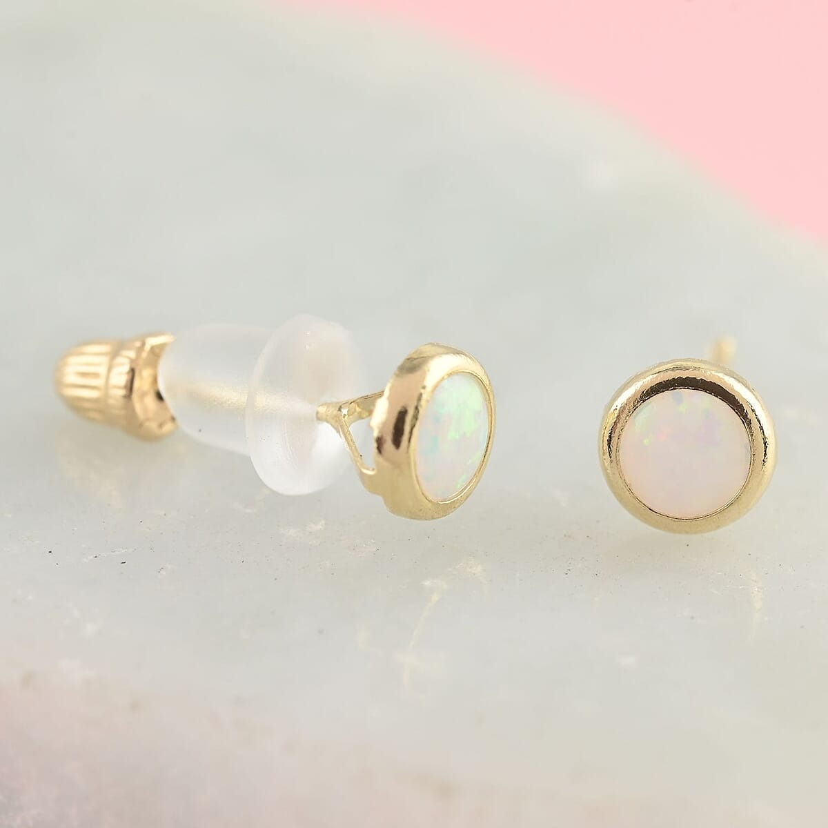 14K Yellow Gold Lab Created Opal Round Stud Earrings 0.20 ctw image number 1