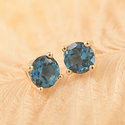 14K Yellow Gold London Blue Topaz Round Stud Earrings 0.60 ctw