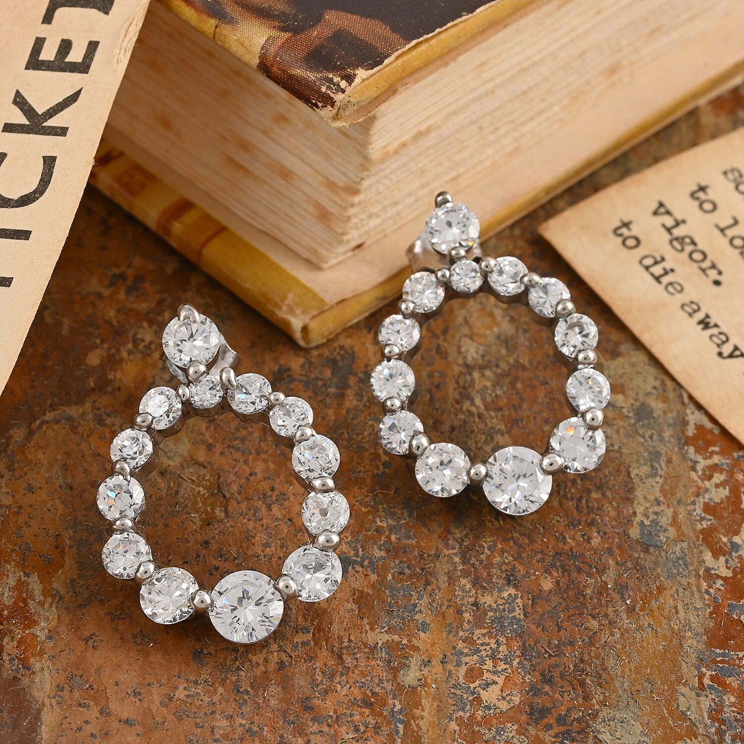 Simulated Diamond Circle Earrings in Rhodium Over Sterling Silver