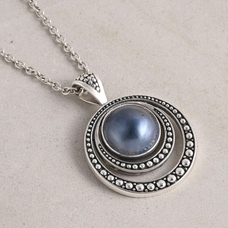Bali Legacy Blue Mabe Pearl 12-13mm Pendant in Sterling Silver 7 Grams