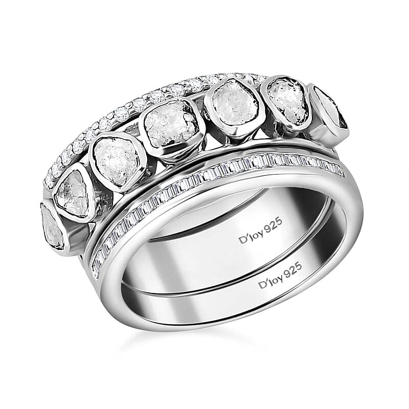 Polki Diamond and White Diamond Ring in Platinum Over Sterling Silver (Size 6.0) 0.75 ctw