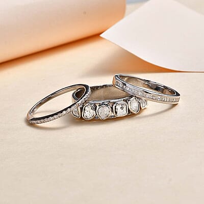 Polki Diamond and White Diamond Ring in Platinum Over Sterling Silver (Size 6.0) 0.75 ctw