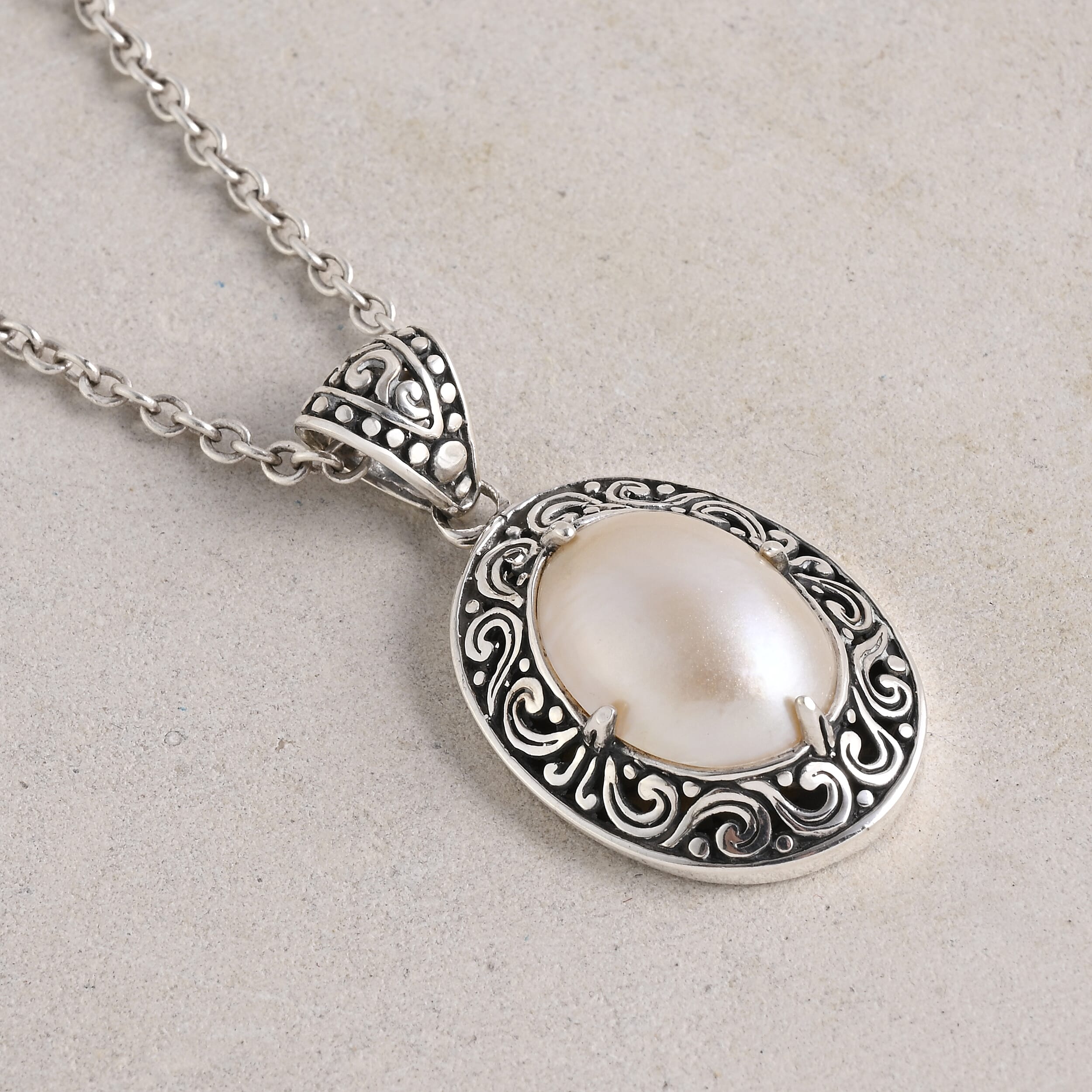 Bali Legacy White Mabe Pearl Pendant in Sterling Silver