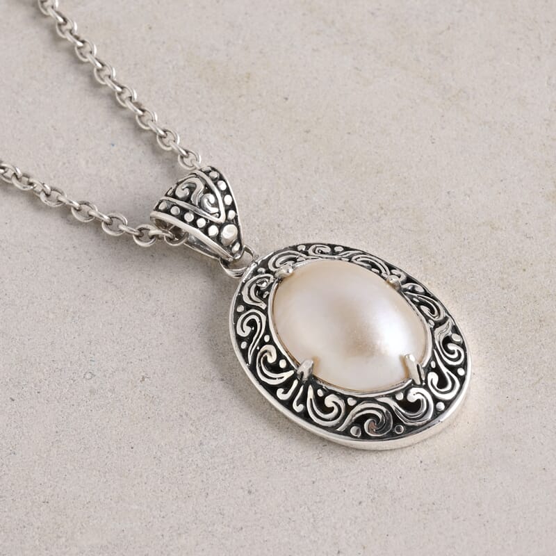 Bali Legacy White Mabe Pearl Pendant in Sterling Silver