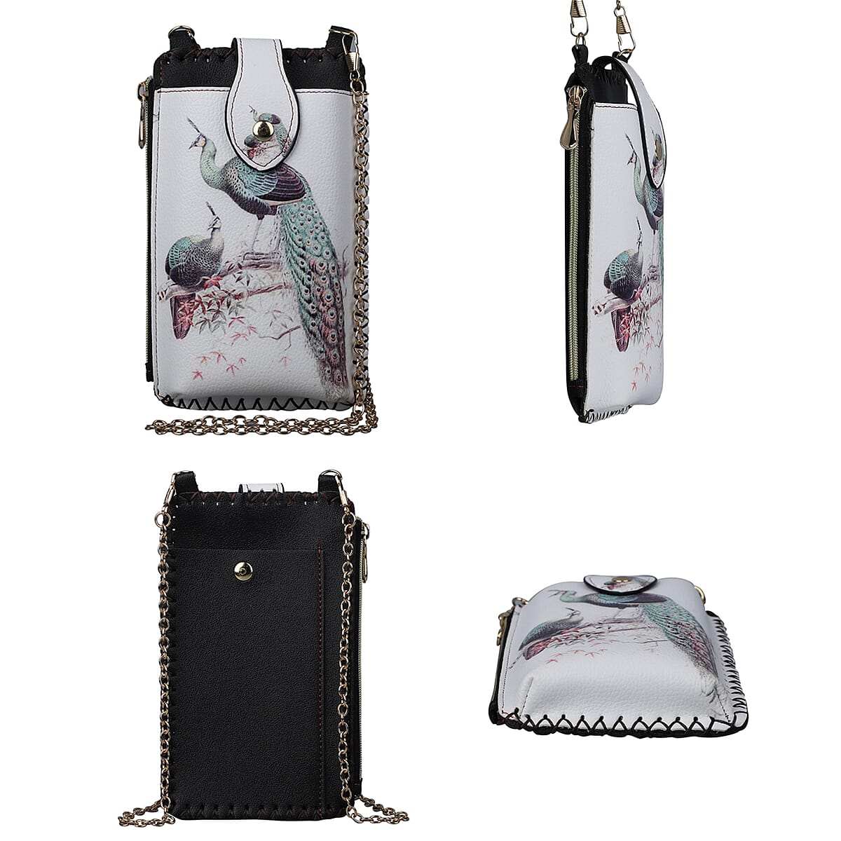 HongKong Closeout Stylish and Classic Peacock Pattern Cell Phone Bag with Chain Shoulder Strap - White image number 3
