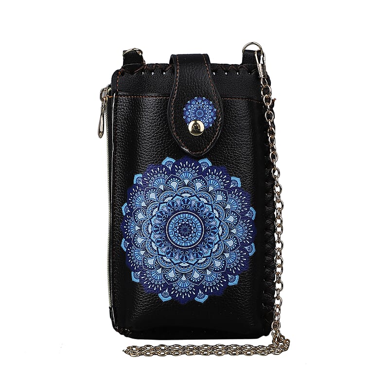 HongKong Closeout Stylish and Classic Paper Cuts Pattern Cell Phone Bag with Chain Shoulder Strap - Black and Blue