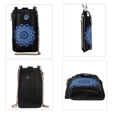 Black and Blue Paper Cuts Pattern Faux Leather Cell Phone Bag (4.13x7.09) with Shoulder Strap image number 3